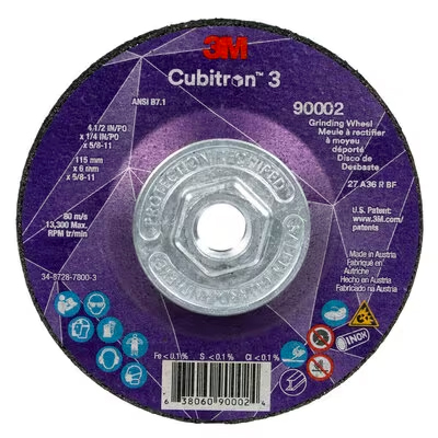 3M Cubitron 3 Depressed Center Grinding Wheel, 90002, 36+, T27, 4-1/2 in x 1/4 in x 5/8 in-11(115x6mmx5/8-11in) ANSI, 10 ea/Case