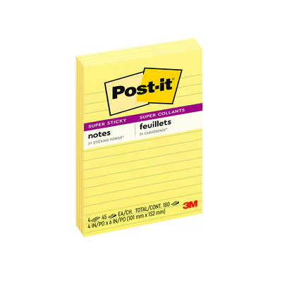 Post-it Super Sticky Notes 4621-SSCY, 4 in x 6 in (101 mm x 152 mm), Canary Yellow Lined