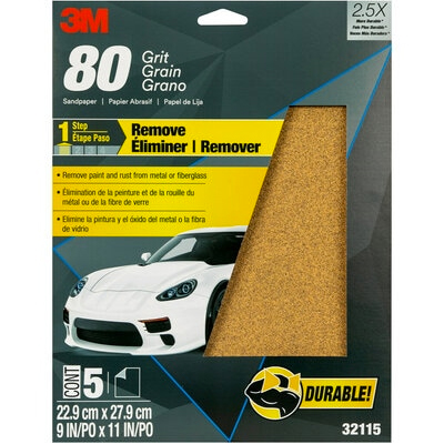 3M Sandpaper 32115, 80 Grit, 9 in x 11 in, 5 per pack, 20 packs per case