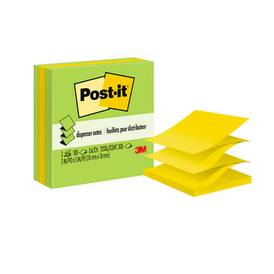 Post-it Dispenser Pop-up Notes 3301-3AU-FF, 3 in x 3 in (76 mm x 76 mm), 3 Pads/Pack, 100 Sheets/Pad