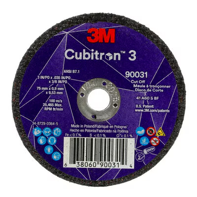 3M Cubitron 3 Cut-Off Wheel, 90031, 60+, T1, 3 in x 0.035 in x 3/8 in (75 x 0.9 x 9.53 mm), ANSI, 25/Pack, 50 ea/Case